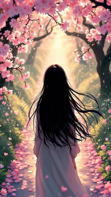 Anime Girl in Cherry Blossom Path Wallpaper
