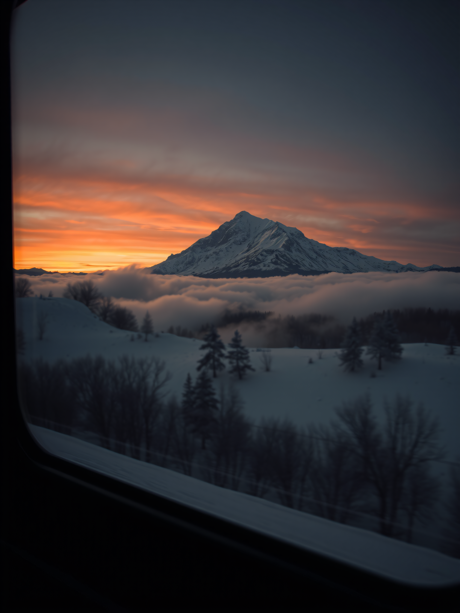 Winter Mountain Sunset Above Clouds Window View, winter sunset, snow mountain, above clouds, window view, orange sky, nature wallpaper