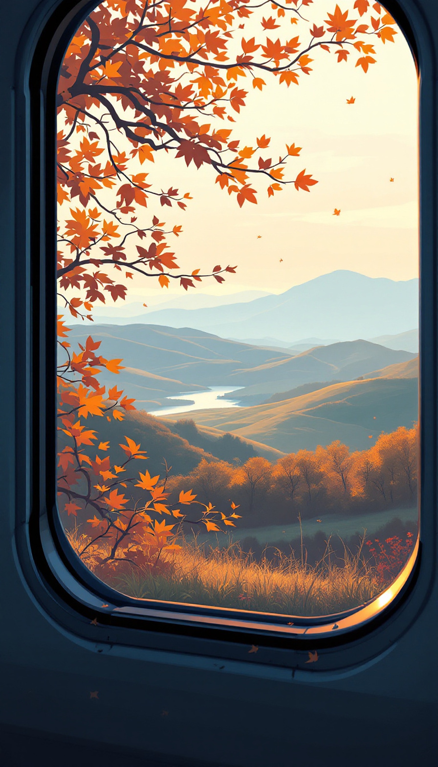 Autumn Mountain View from Train Window Wallpaper, autumn wallpaper, fall foliage, train window, mountain view, nature landscape, orange leaves