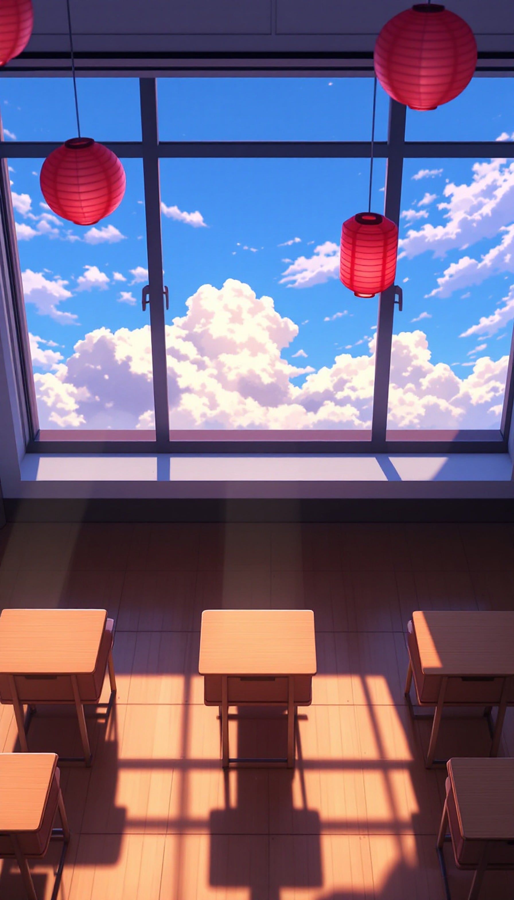 Anime Classroom Window with Blue Sky & Lanterns, anime classroom, blue sky, white clouds, red lanterns, sunlight, school scene
