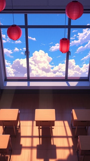 Anime Classroom Window with Blue Sky & Lanterns
