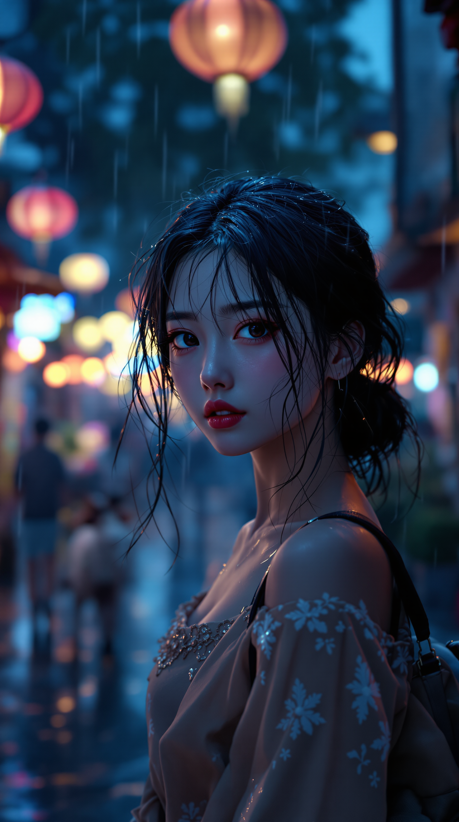 Rainy Night Asian Street Portrait, Lanterns, rainy night, asian woman, lanterns, city lights, portrait, digital art