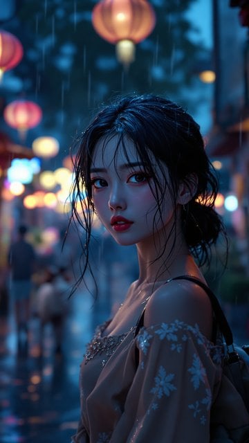 Rainy Night Asian Street Portrait, Lanterns