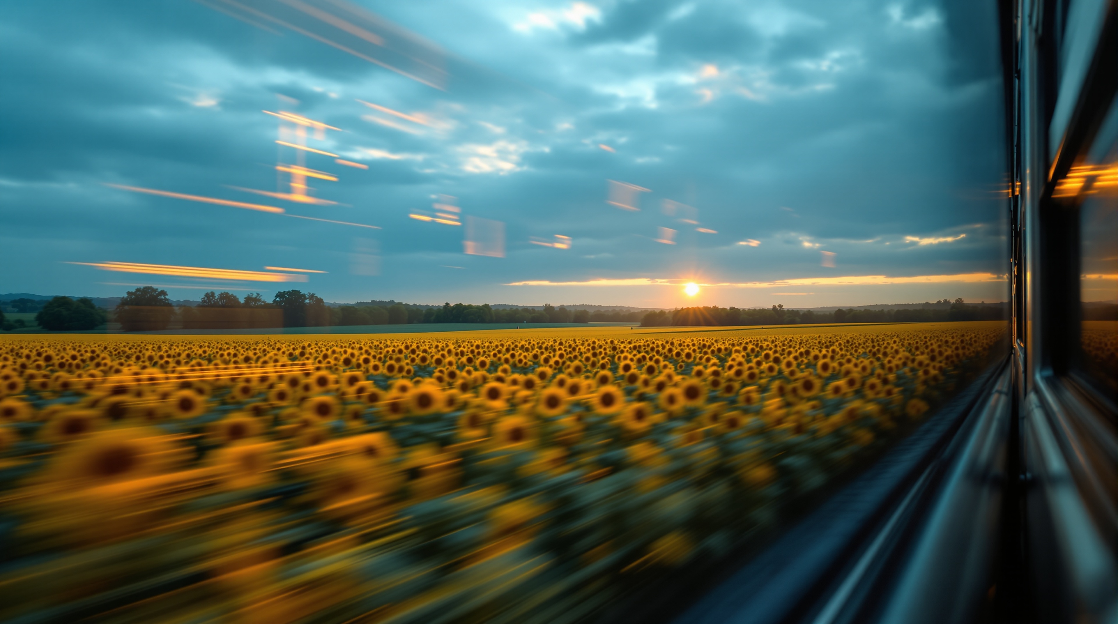 Moving Train View Sunflower Field Sunset, sunflower field, sunset, motion blur, train view, travel aesthetic, nature wallpaper