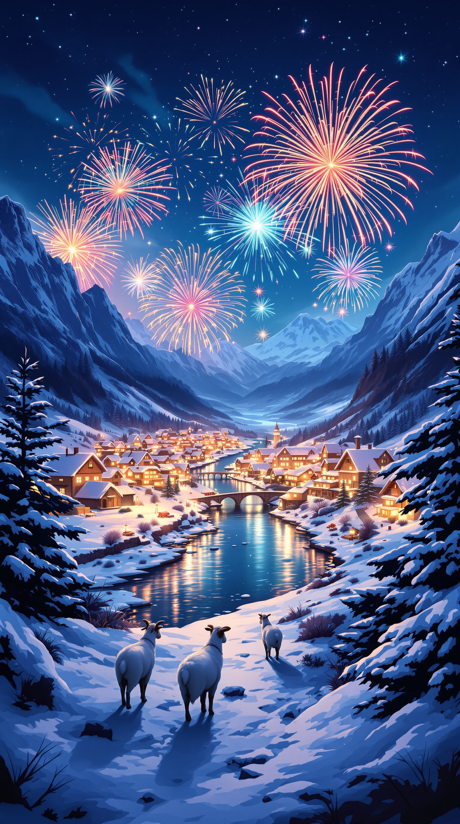 Winter Village Fireworks Night Mountain Wallpaper, winter village, fireworks, snowy mountains, night sky, festive, cozy
