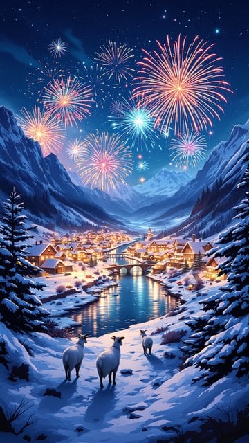 Winter Village Fireworks Night Mountain Wallpaper