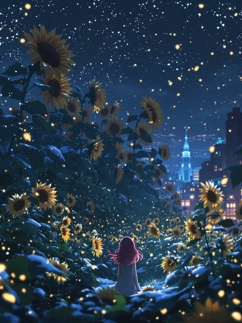 Anime Girl in Sunflower Field Under Starry Night