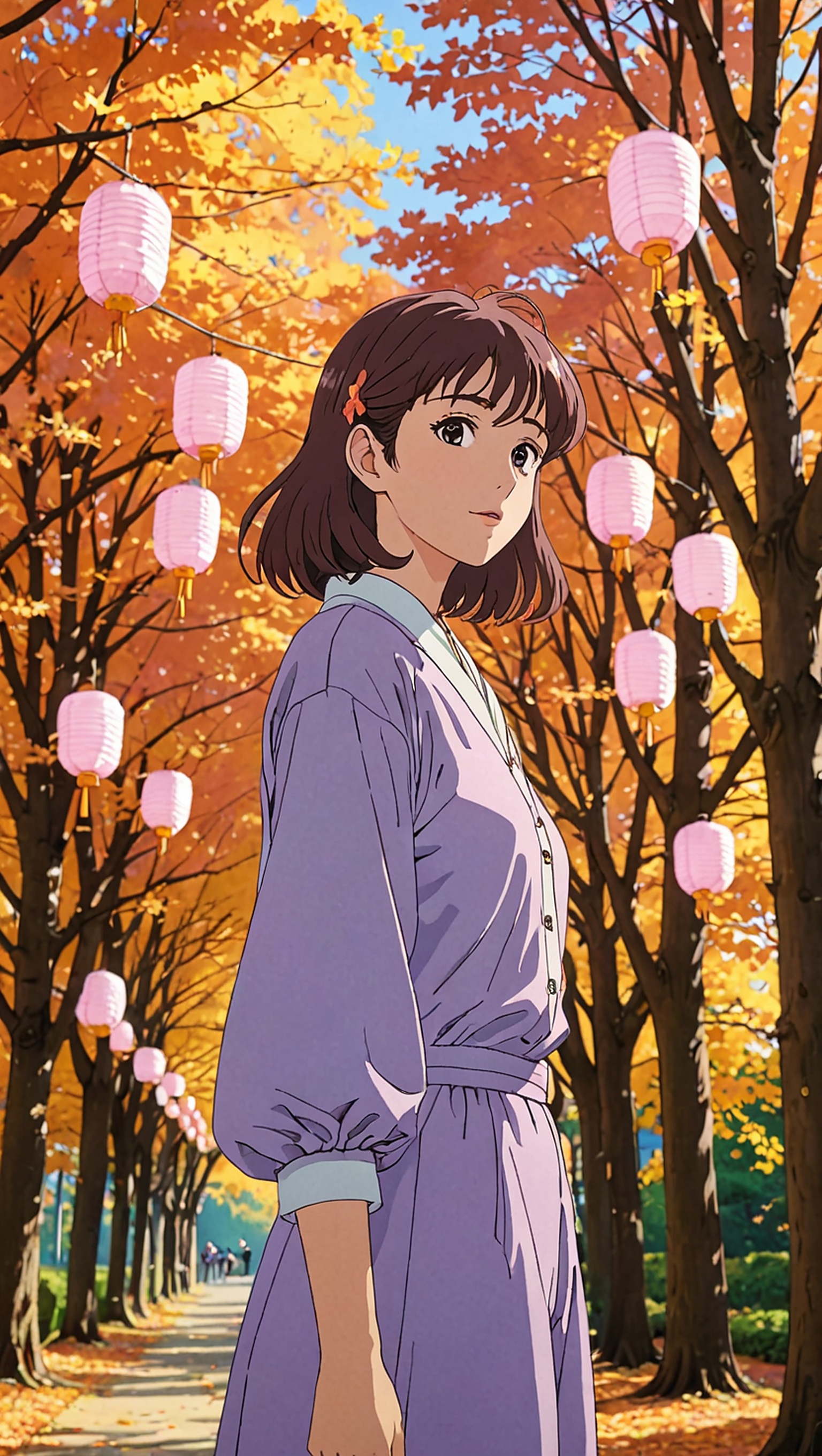 Anime Girl in Autumn Park with Lanterns, anime girl, autumn, fall leaves, lanterns, park, purple dress