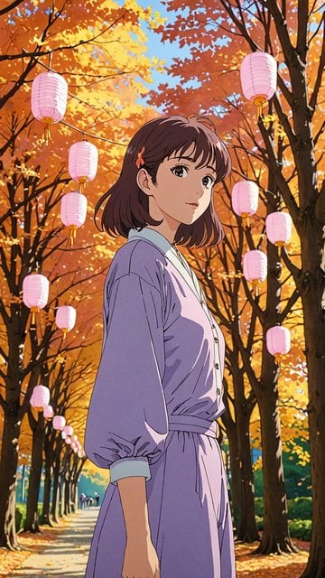 Anime Girl in Autumn Park with Lanterns
