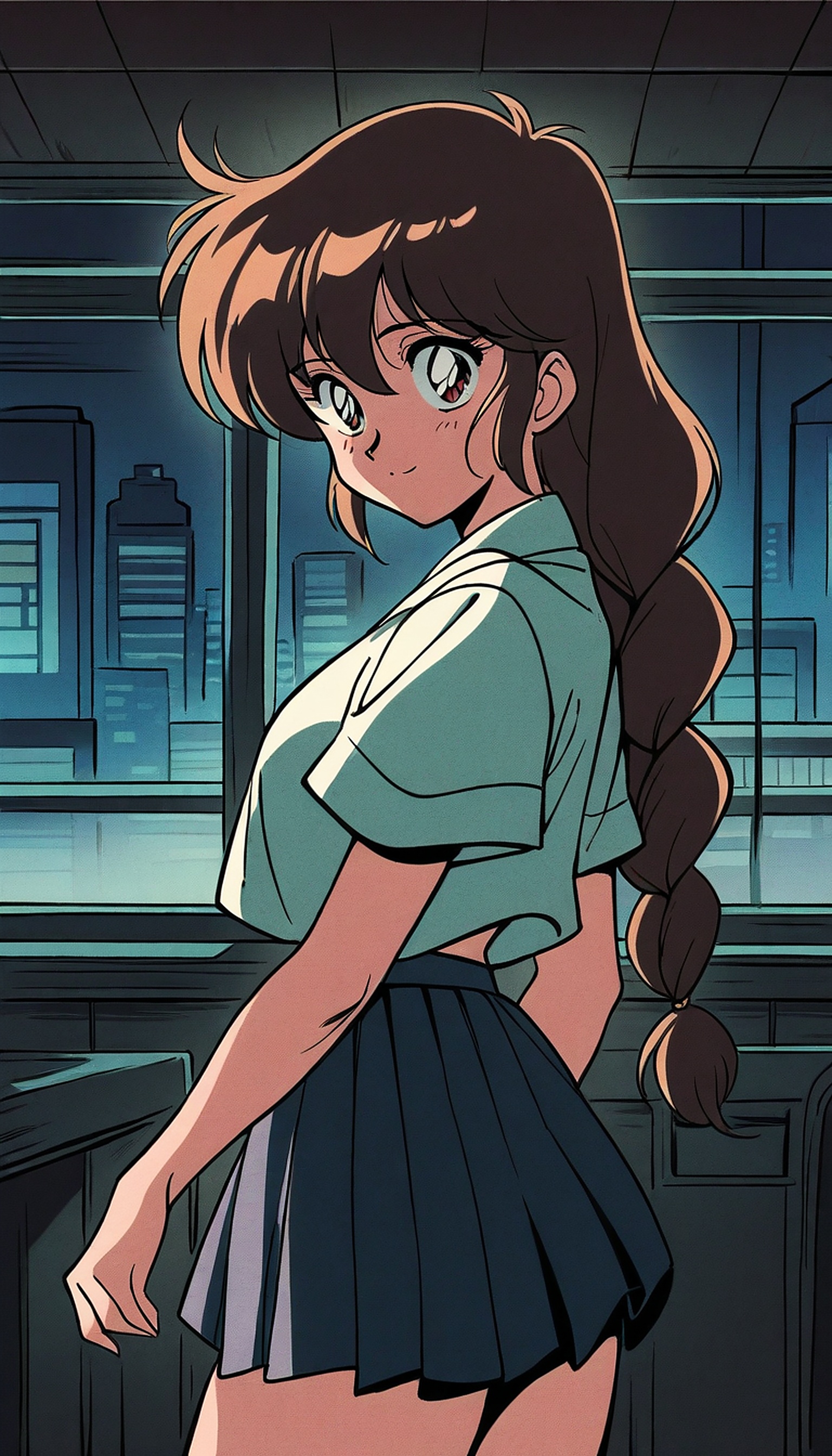 Anime Girl City Night View Aesthetic Wallpaper, anime girl, braided hair, city night, aesthetic, school uniform, manga style