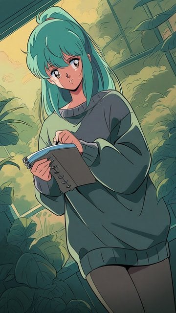 Anime Girl Sketching in Greenhouse Wallpaper