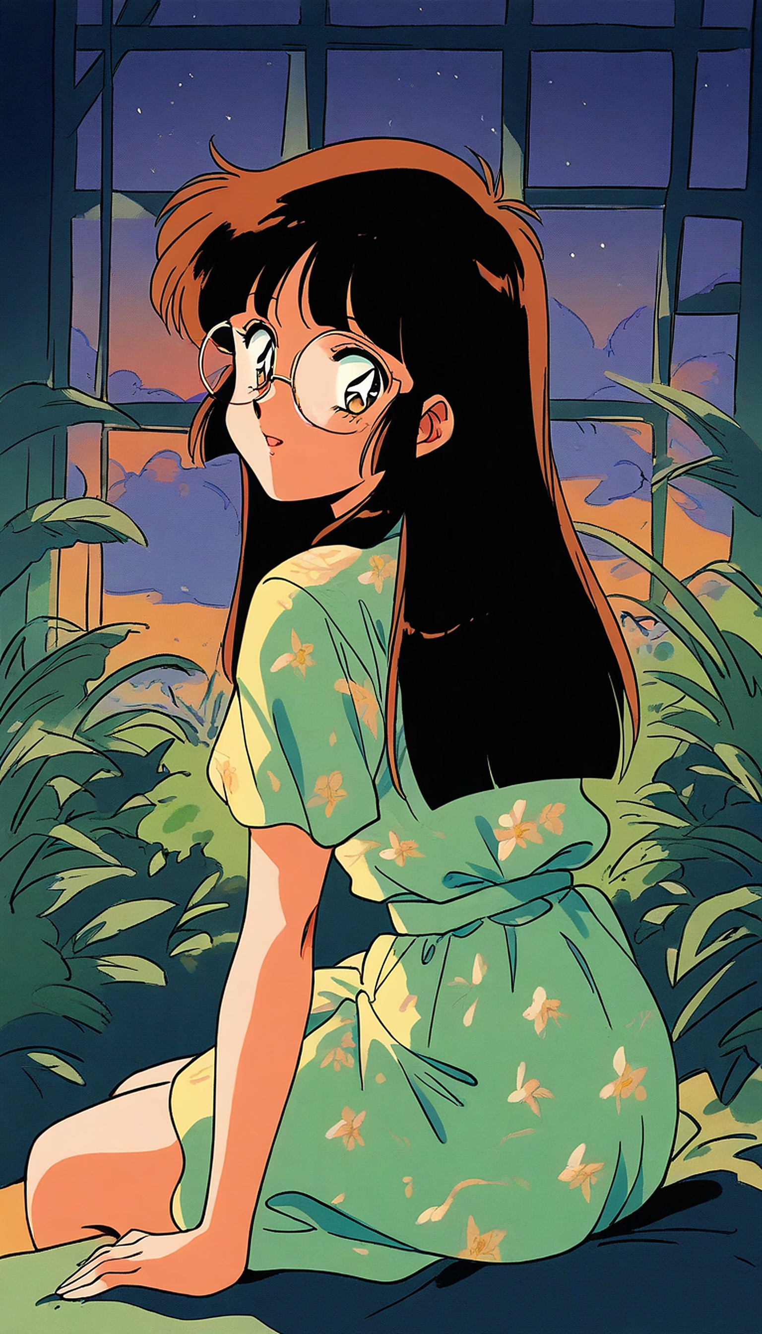 Anime Girl in Greenhouse at Sunset, anime girl, 90s anime, greenhouse, sunset, dusk, nostalgic