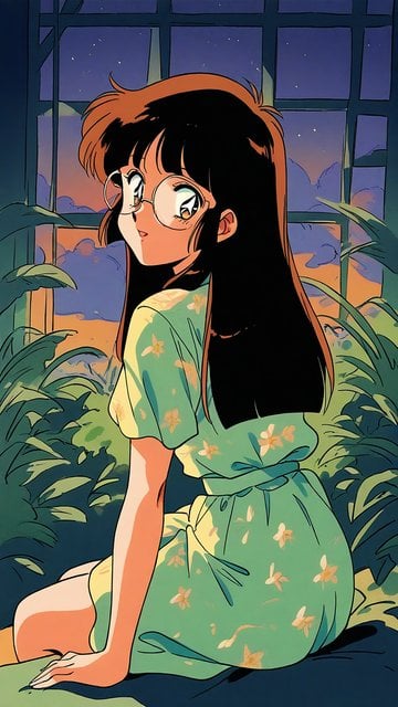 Anime Girl in Greenhouse at Sunset