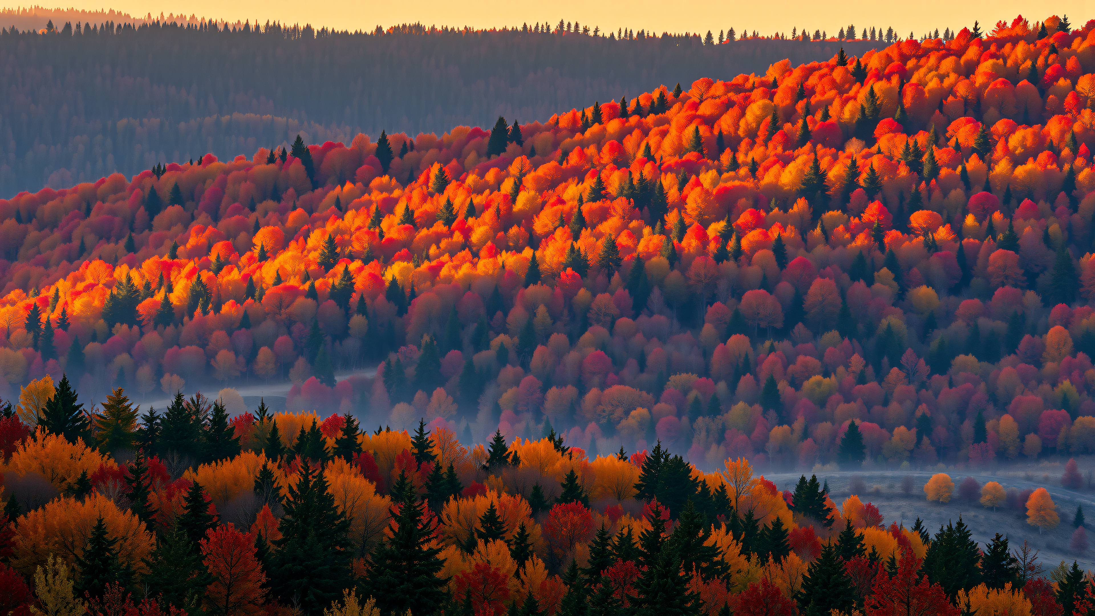 Autumn Forest Golden Hour Sunset Wallpaper, autumn forest, fall trees, sunset, golden hour, vibrant colors, nature wallpaper