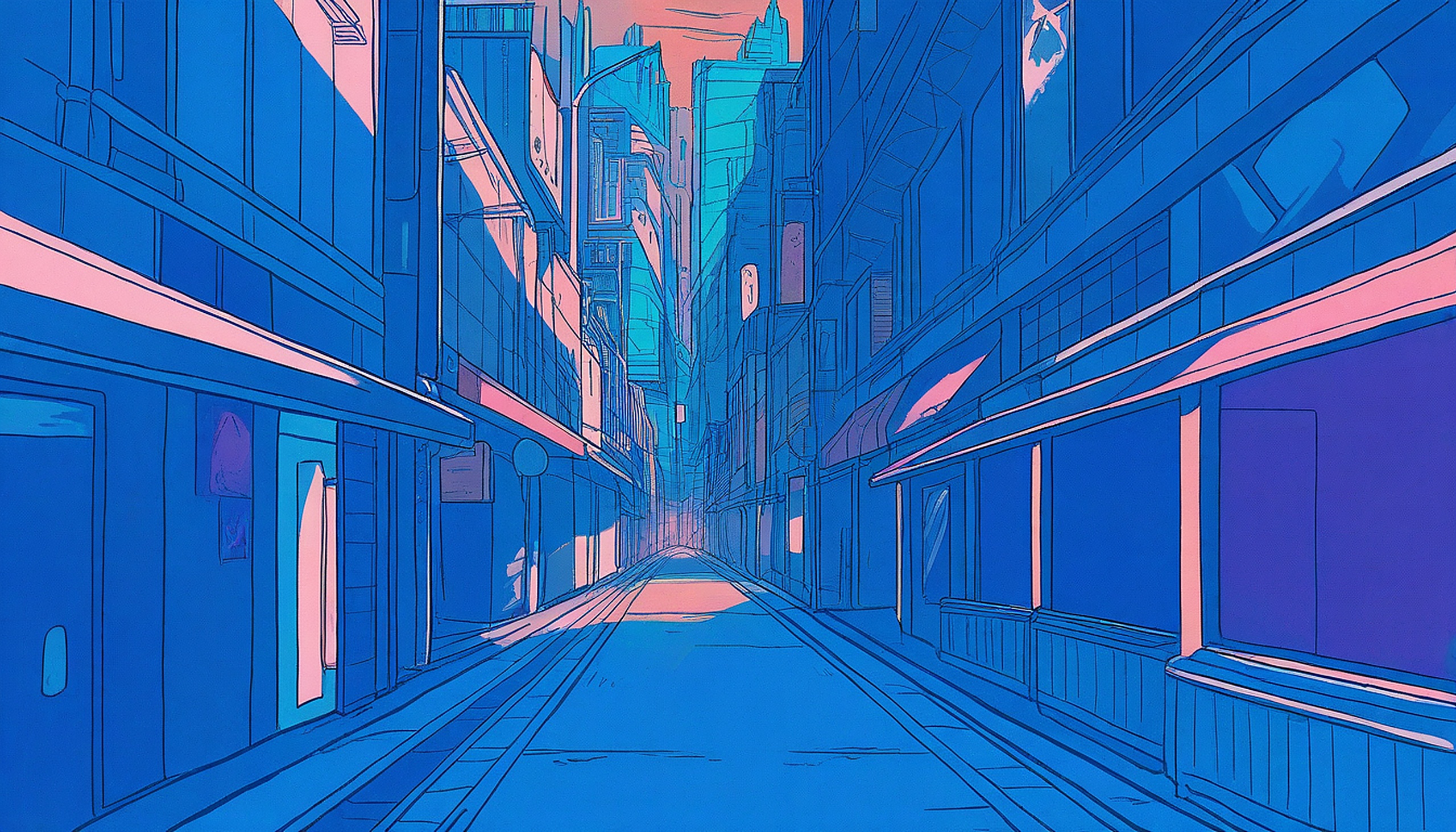 Neon City Street at Twilight Pink and Blue, cityscape, neon, twilight, blue, pink, anime style