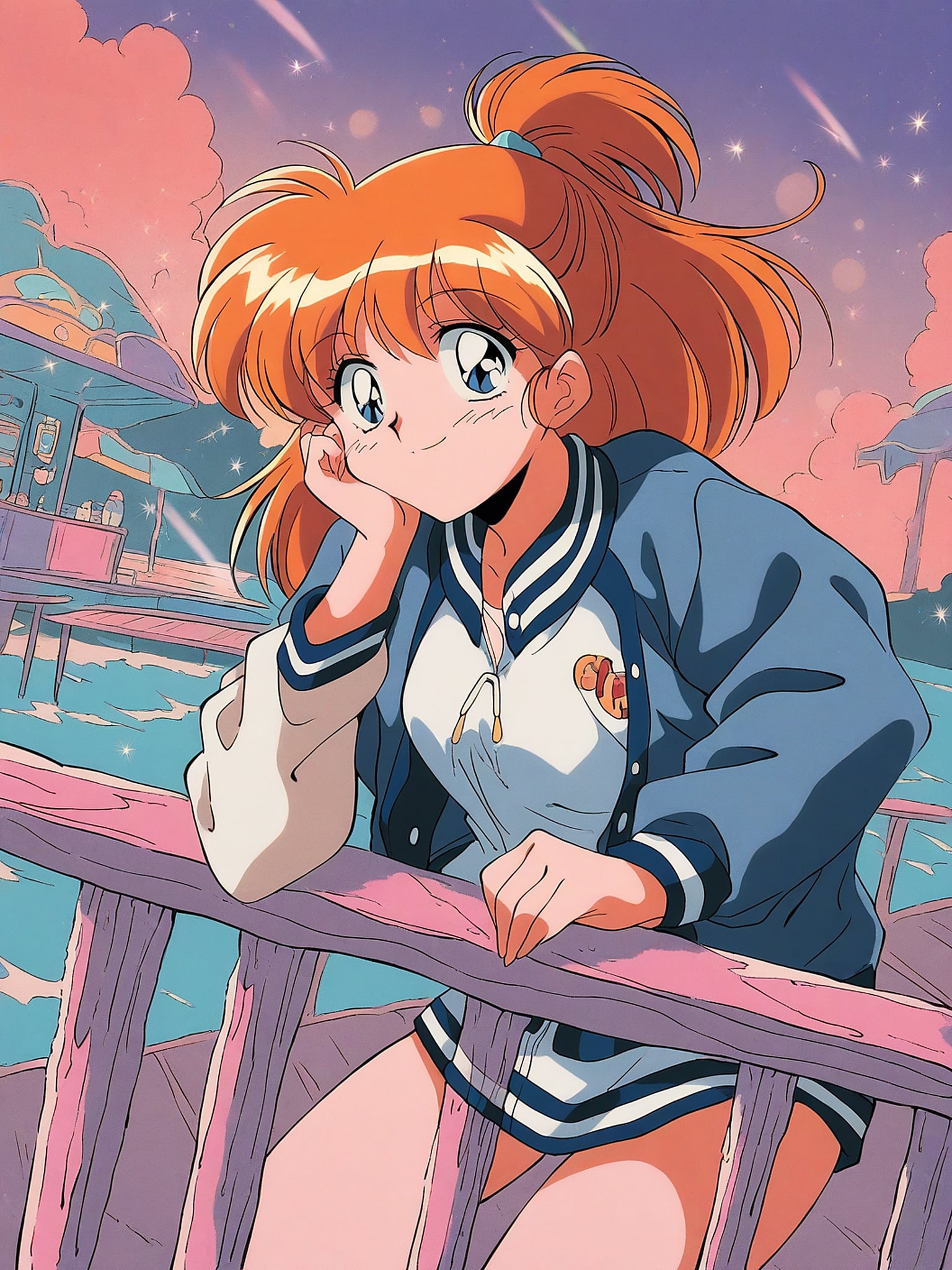 Anime Girl on Pier at Sunset with Stars, anime girl, cute anime, sunset, pier, stars, pink sky