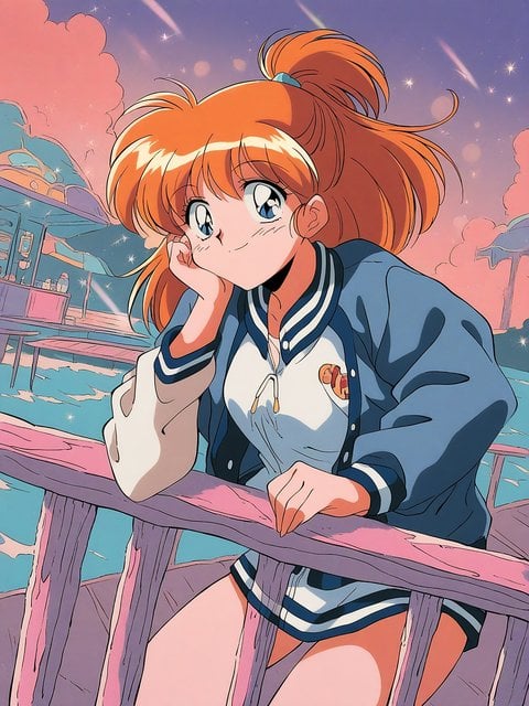 Anime Girl on Pier at Sunset with Stars