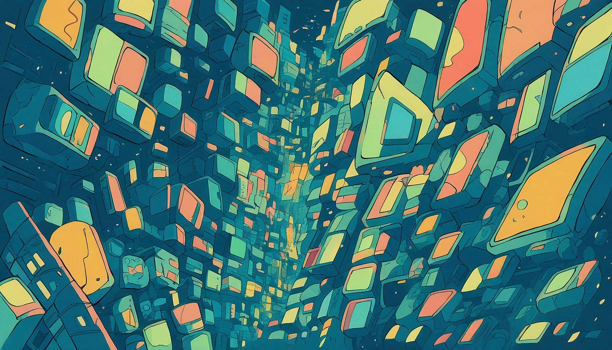 Futuristic Data City Blocks Abstract Wallpaper, abstract, futuristic city, data flow, digital art, teal orange, neon glow