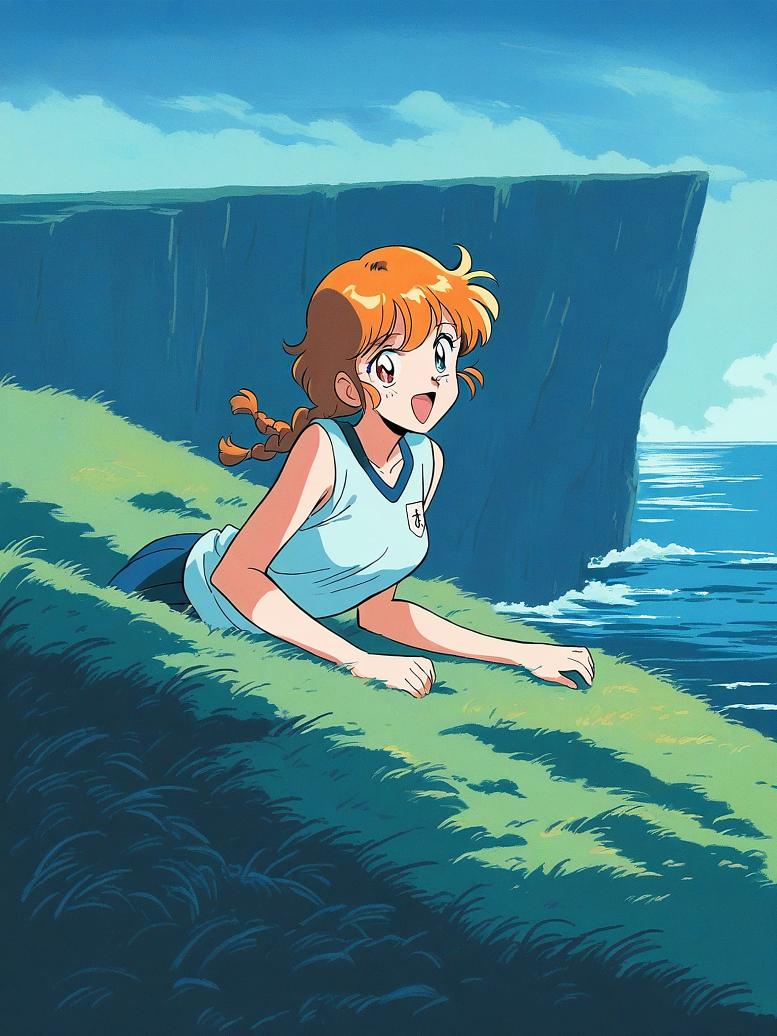 Anime Girl Lying on Grassy Cliff by Ocean, anime girl, ocean, cliff, grassy hill, blue sky, cartoon