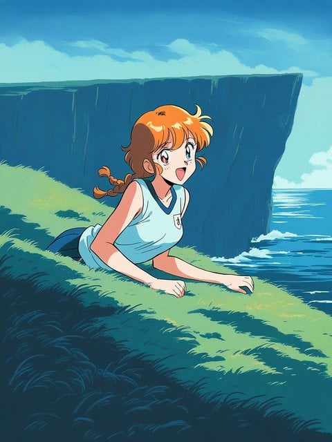 Anime Girl Lying on Grassy Cliff by Ocean
