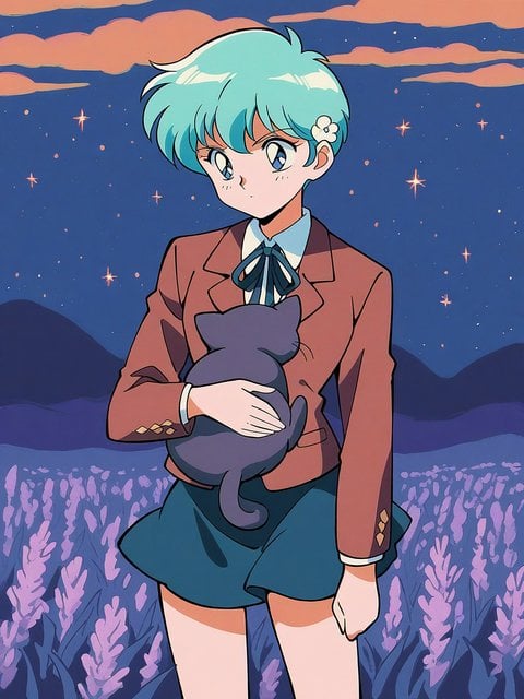 Anime Girl with Cat in Lavender Field at Night