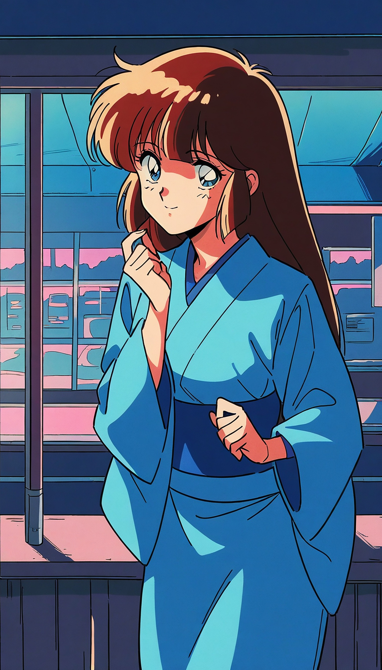 Anime Girl in Kimono at Sunset City View, anime girl, kimono, japanese, sunset, city view, nostalgic