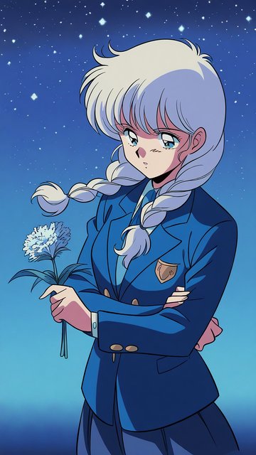 Anime Girl with Flower Under Starry Night Sky