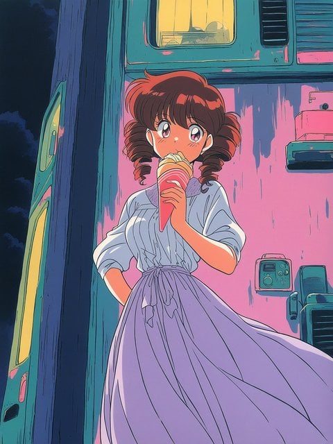 Retro Anime Girl Eating Ice Cream