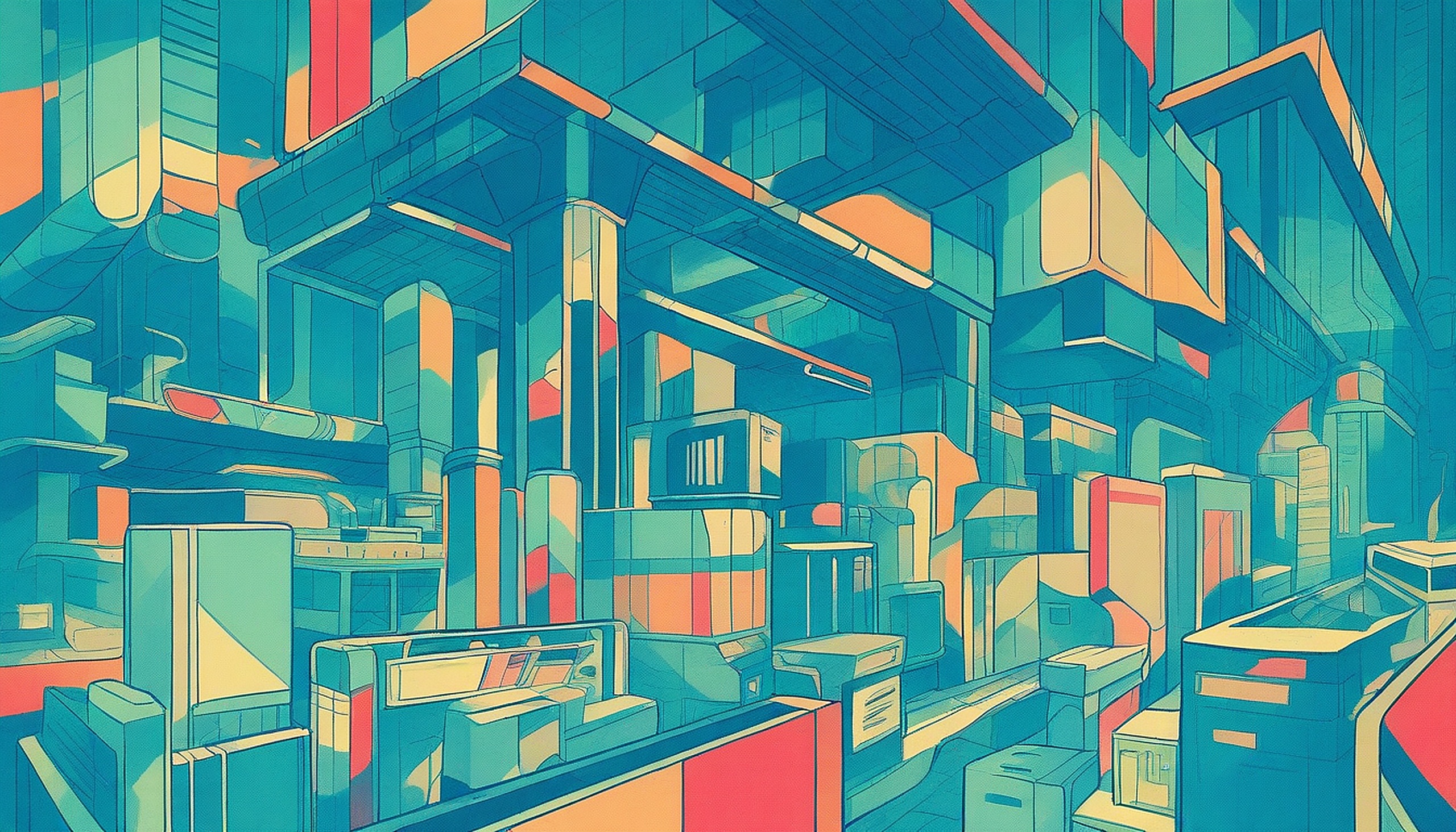 Abstract Sci-Fi Cityscape Neon Pop Art, abstract city, sci-fi, futuristic, pop art, geometric, teal