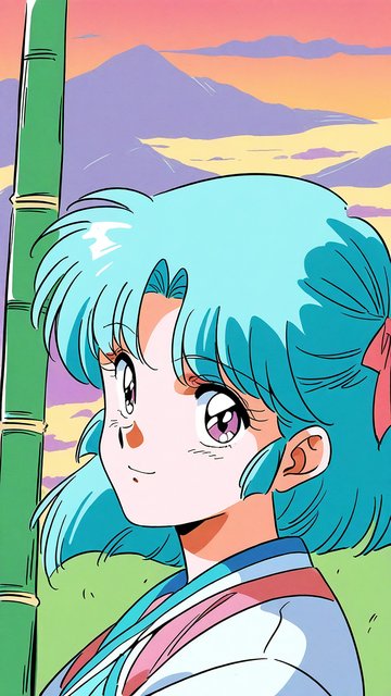 Retro Anime Girl with Blue Hair and Sunset Sky