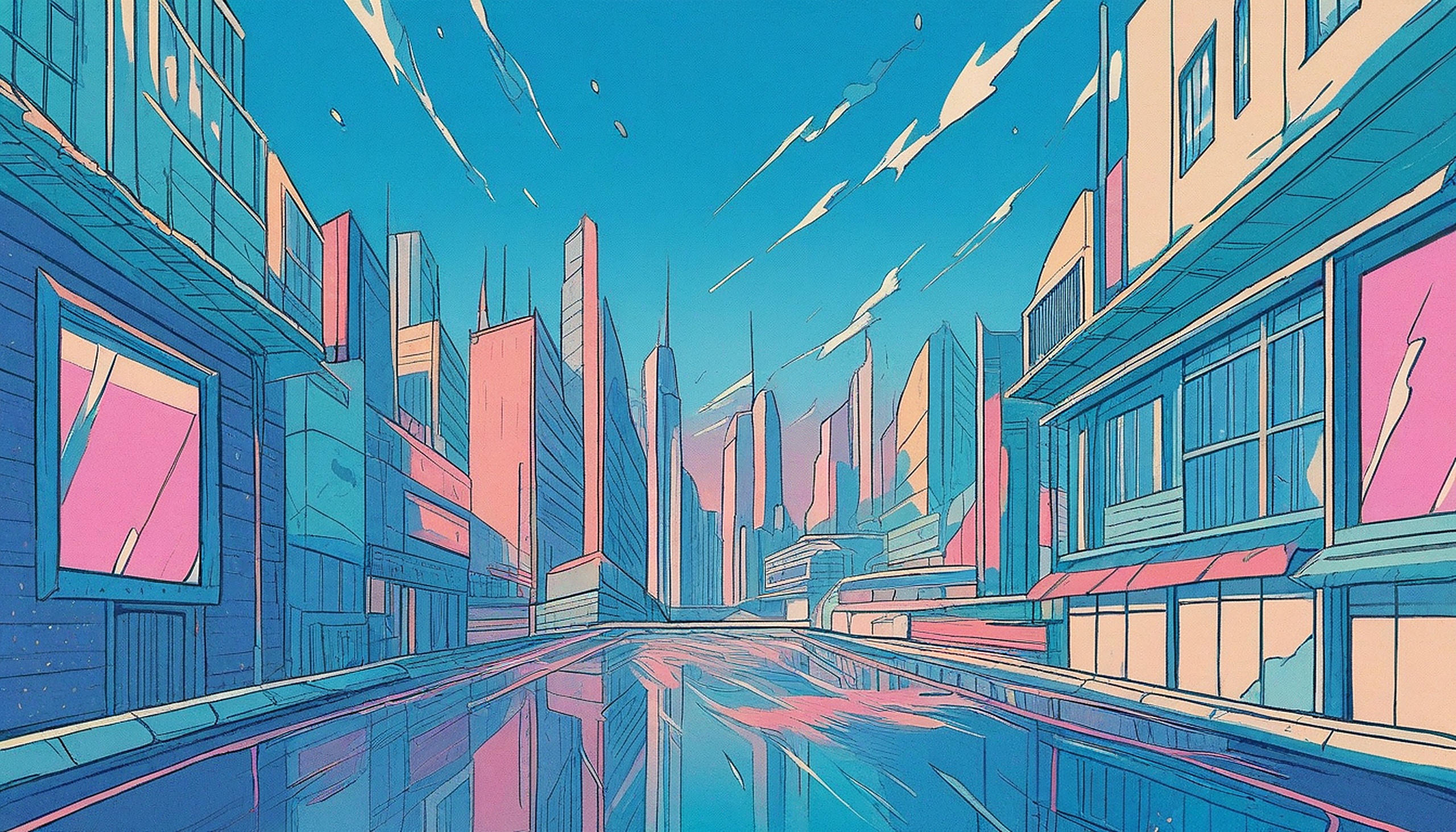 Vibrant Anime Cityscape Sunset Reflections, anime cityscape, vaporwave aesthetic, retrowave, pastel colors, futuristic city, urban art