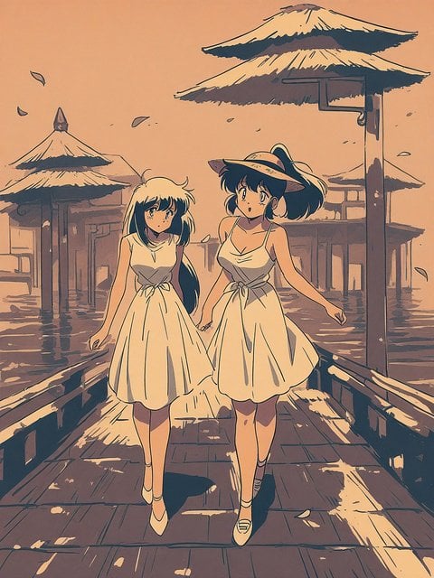 Anime Girls on Japanese Bridge in Sepia Tone