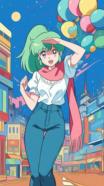 Anime Girl in City with Balloons at Night