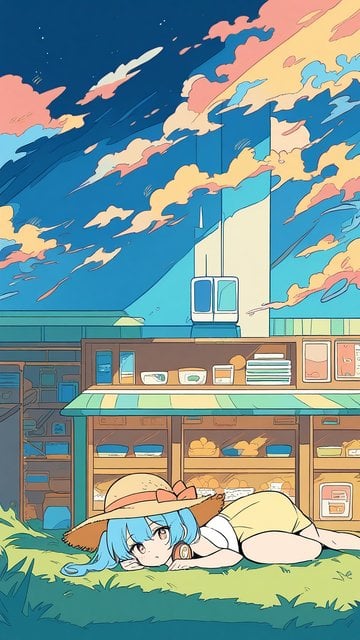 Anime Girl Relaxing with Blue Hair at Sunset Shop