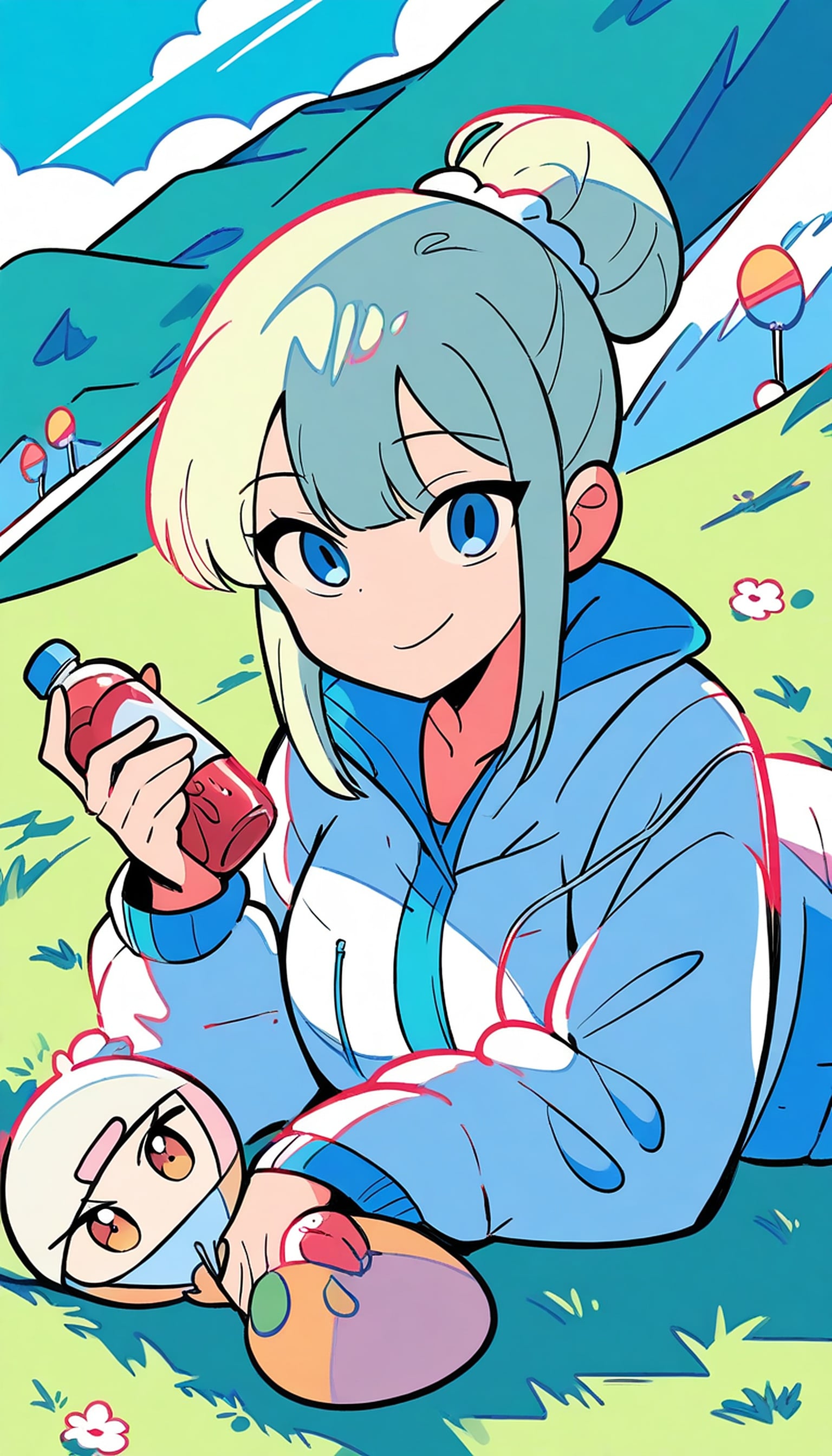 Anime Girl Picnic Outdoors with Drink, anime girl, picnic, outdoors, summer, blue hair, cute