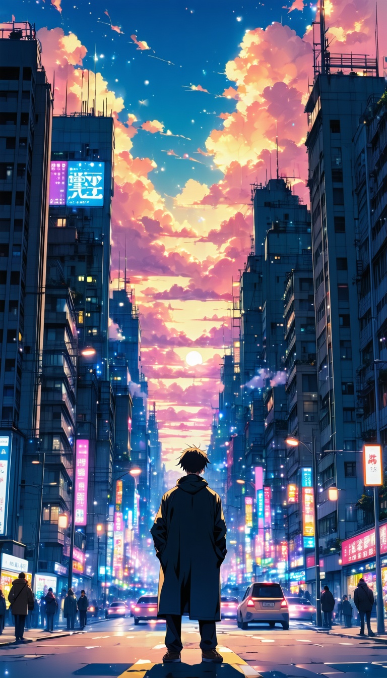 황혼 도시의 독백, 도시 풍경, 야경, 저녁 노을, 황혼, 남자, 쓸쓸함