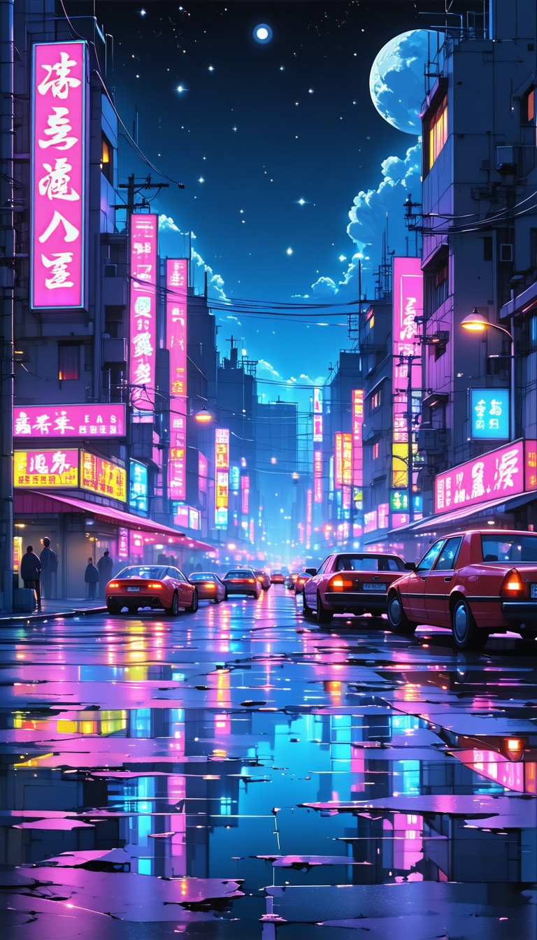 밤의 네온 도시 거리 풍경, 네온사인, 야경, 도시, 비, 밤, 거리