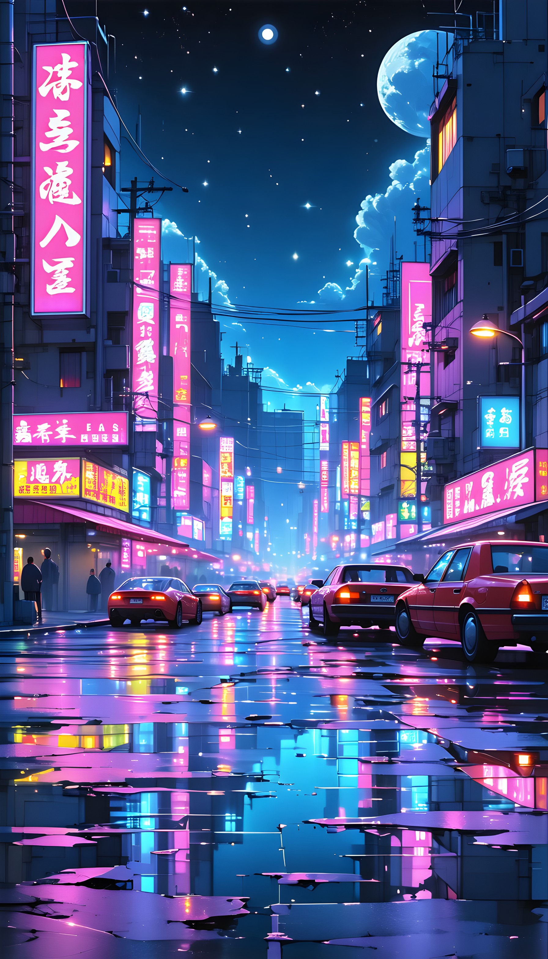 Cyberpunk Neon City Street Night Reflections Wallpaper, cyberpunk, neon city, night street, urban reflections, full moon, futuristic aesthetic