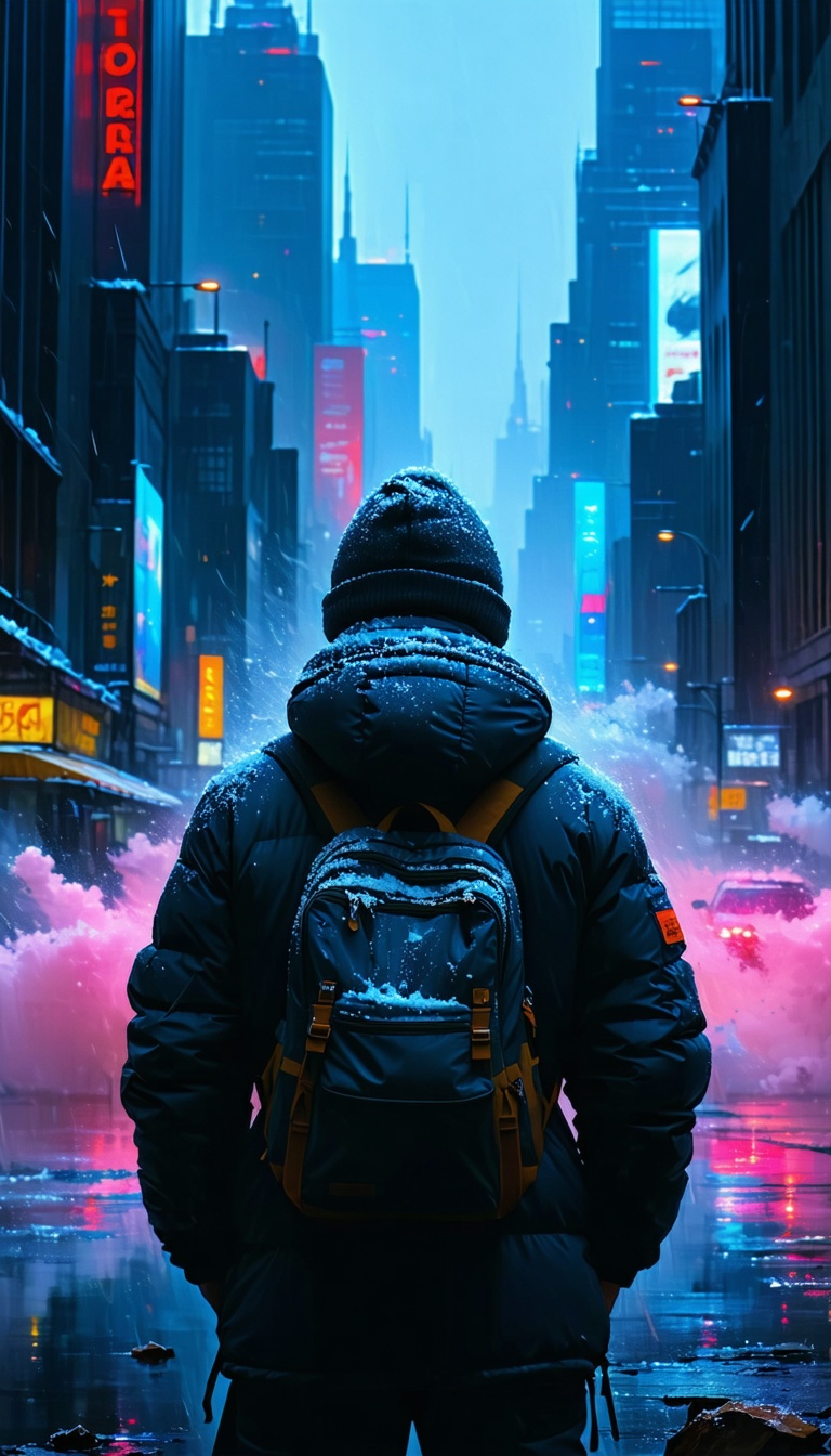 눈 내리는 도시 풍경, 눈, 겨울, 도시, 밤, 풍경, 네온