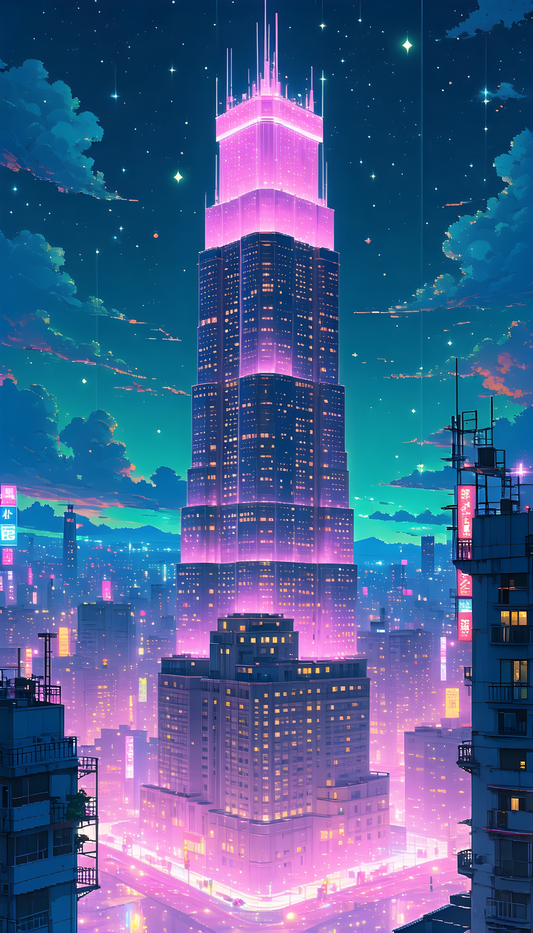 Neon Skyscraper Cityscape Night Dream, cyberpunk city, neon lights, futuristic architecture, glowing skyscraper, anime aesthetic, night urban