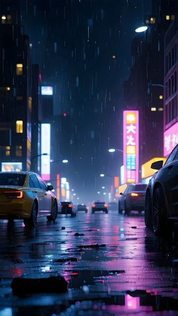 Rainy Neon City Street Reflections Wallpaper