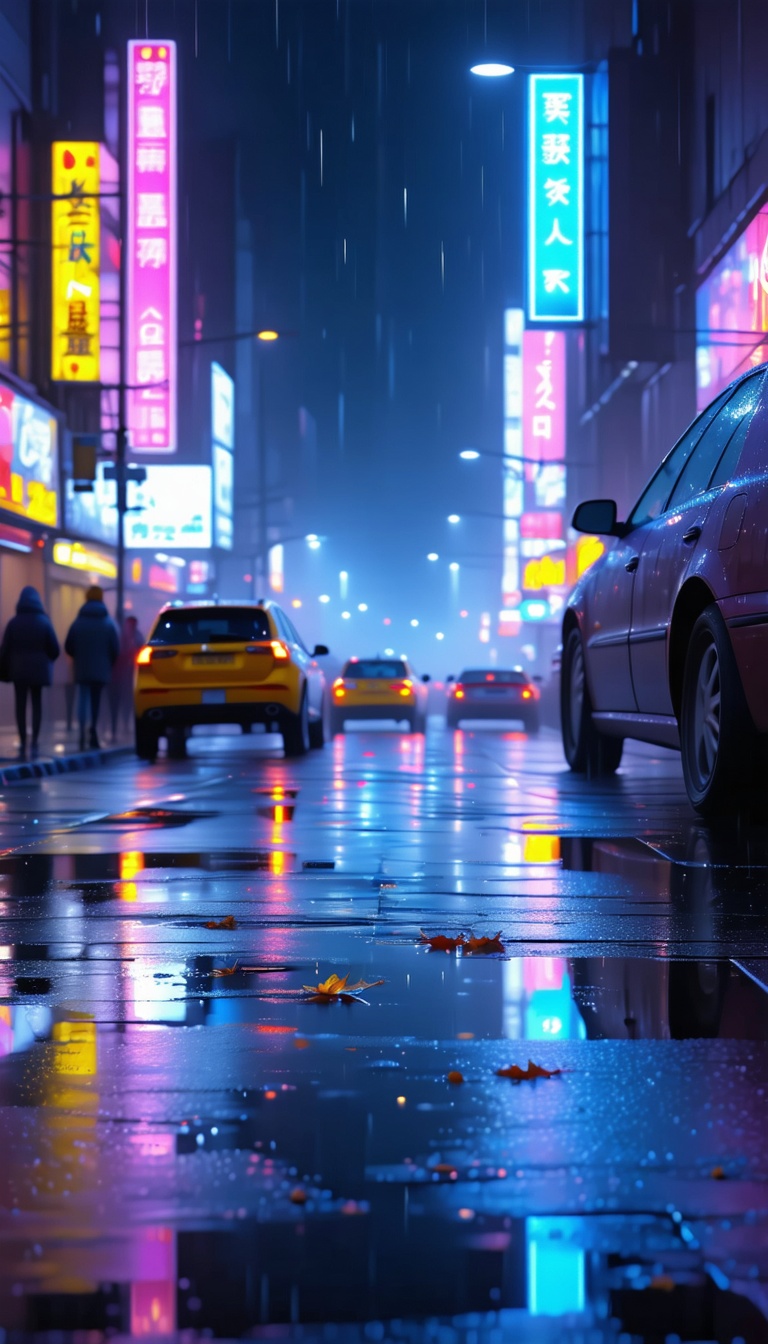 비오는 밤의 도시 거리 풍경, Rainy Night, Cityscape, Neon Lights, Night Scene, Wet Street, Urban