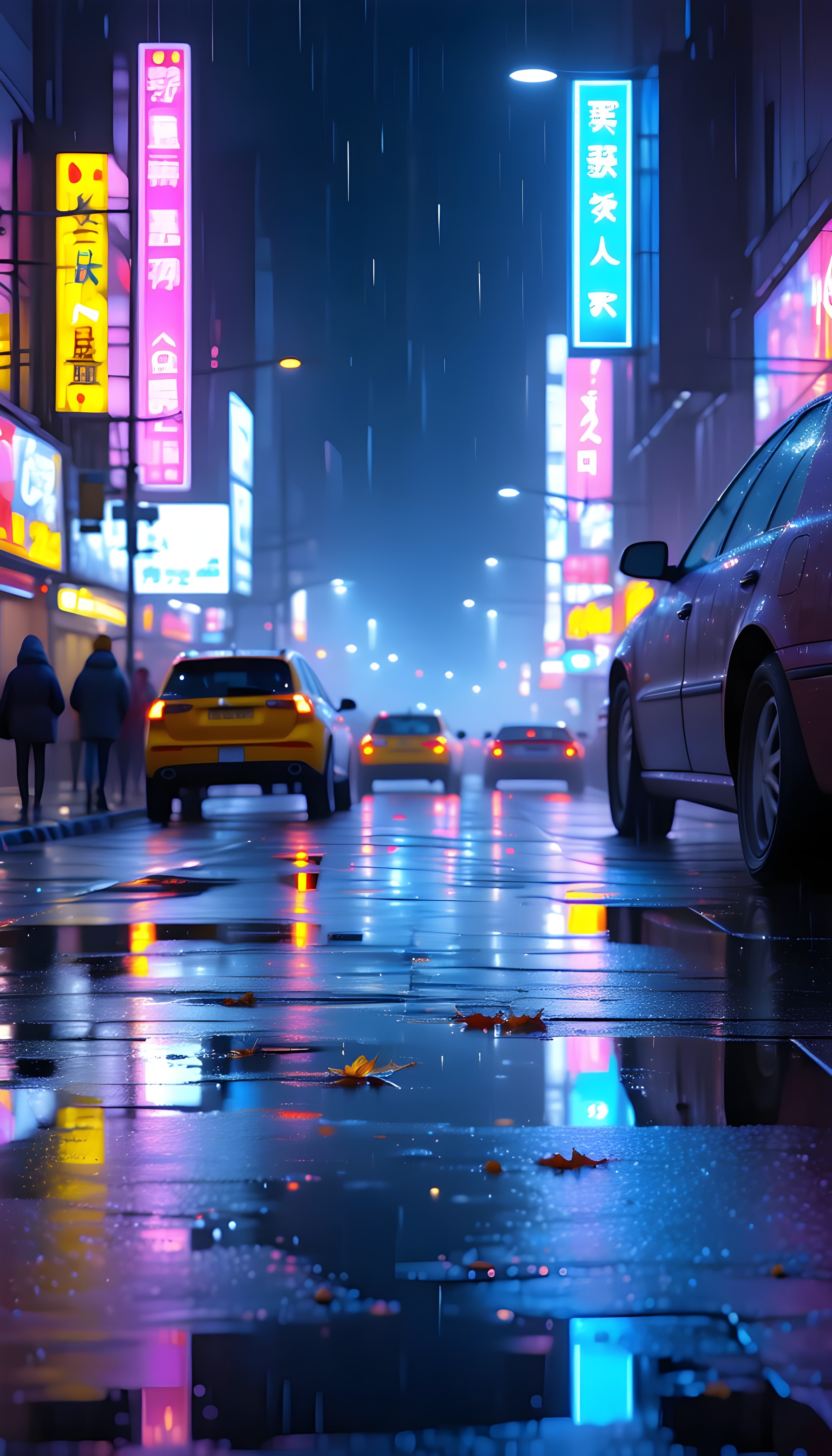 Rainy City Night Neon Street Reflections Mobile Wallpaper, city, night, rain, neon, street, reflections