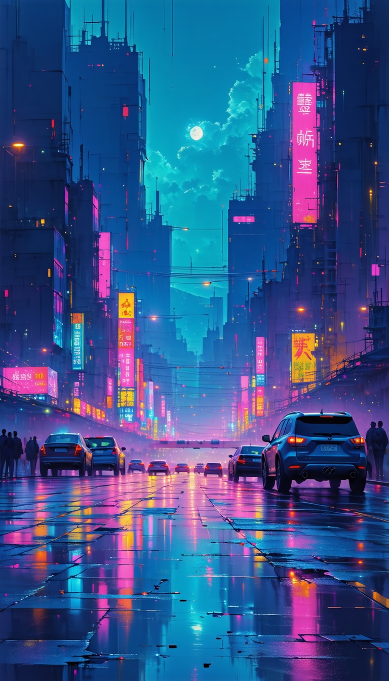 밤의 네온 도시 풍경, 네온사인, 야경, 미래도시, SF, Cyberpunk, 도시풍경