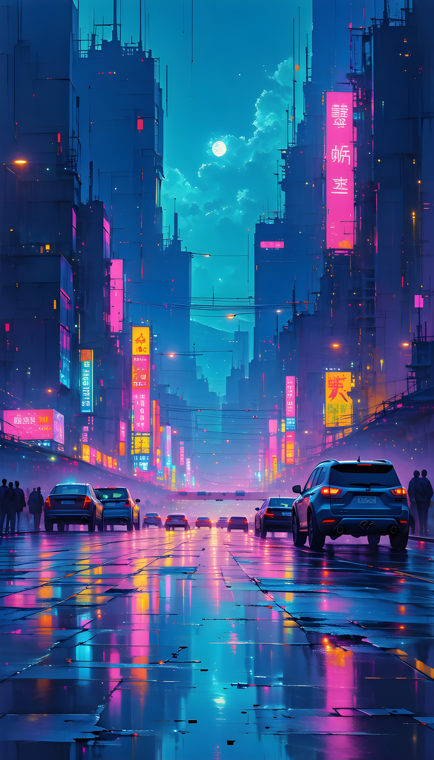 Vibrant Cyberpunk City Street Neon Reflections, cyberpunk, neon city, night street, urban reflections, futuristic, digital art