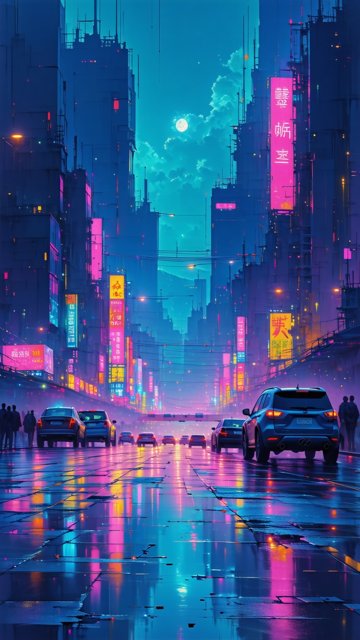 밤의 네온 도시 풍경