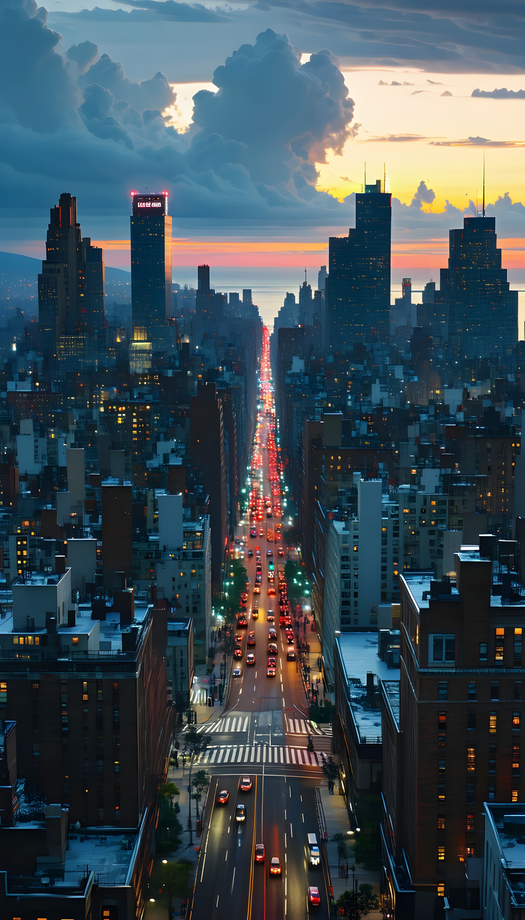 NYC City Street Sunset: Urban Evening Rush Hour, cityscape, urban, new york, sunset, dusk, traffic lights