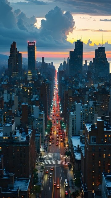 NYC City Street Sunset: Urban Evening Rush Hour