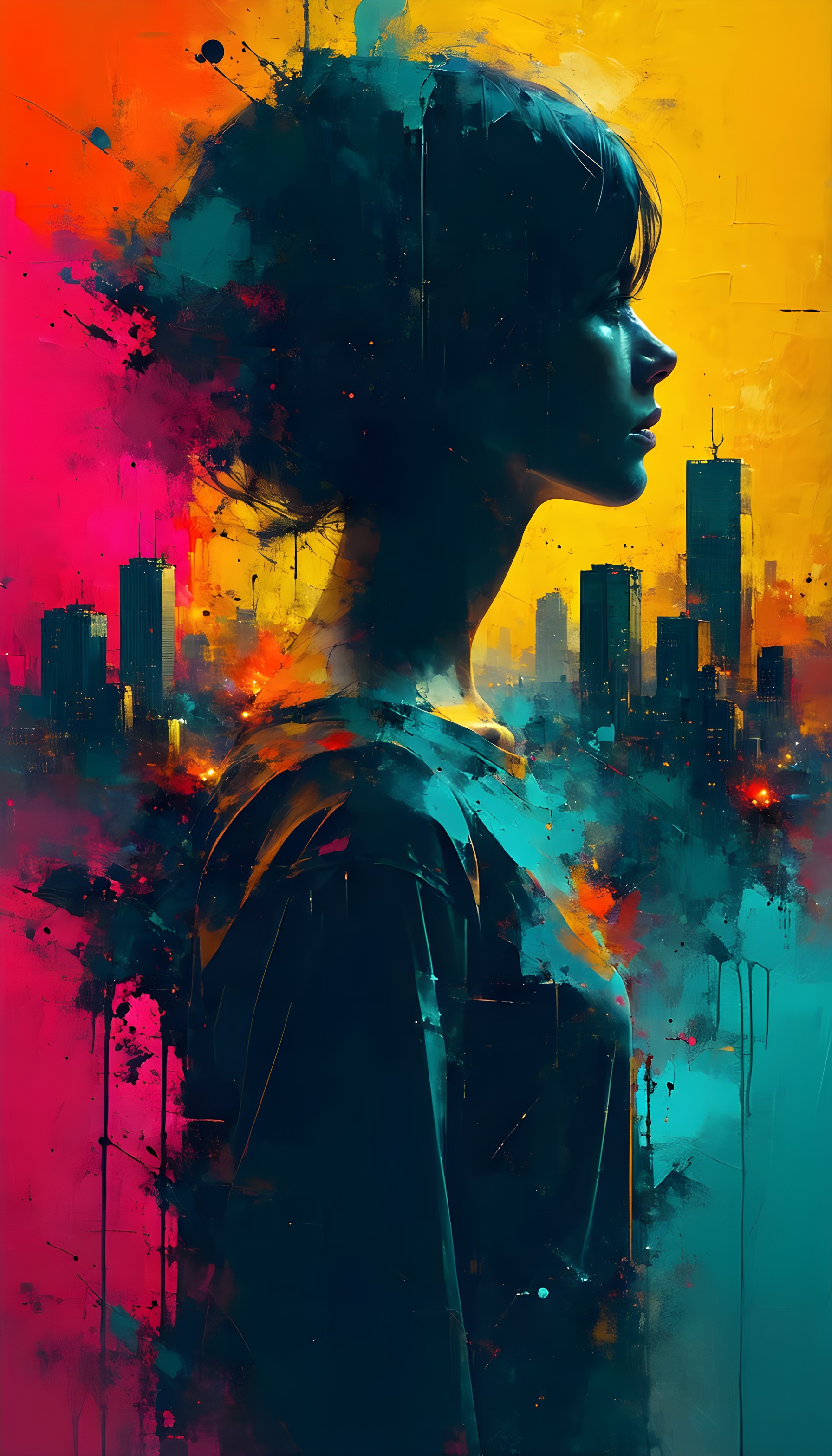 Vibrant Abstract City Woman Art Wallpaper, abstract art, colorful urban, woman profile, cityscape, paint splash, vibrant