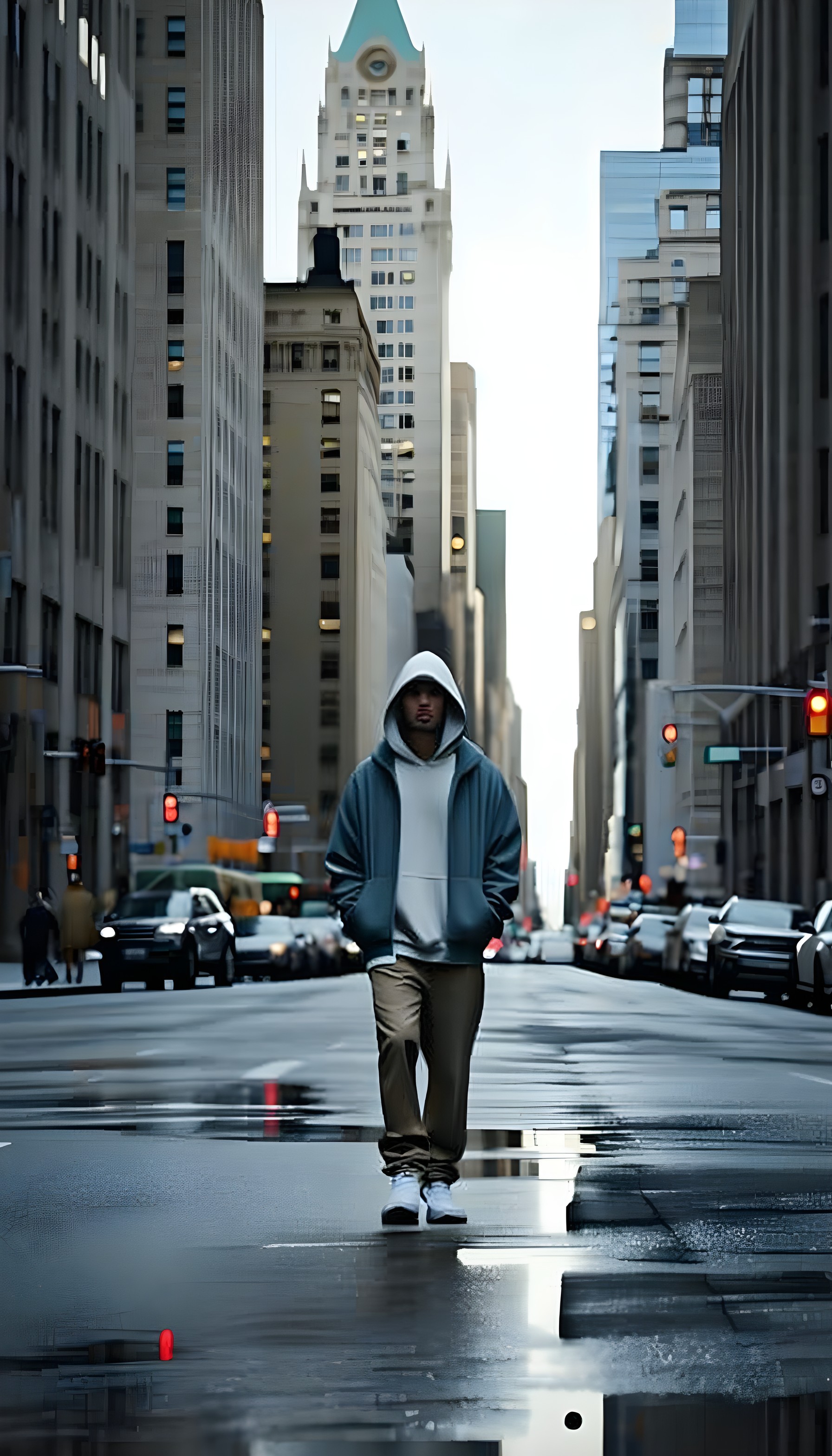 Hooded Figure City Street Reflections Wallpaper, urban, cityscape, street, hoodie, reflections, rainy street